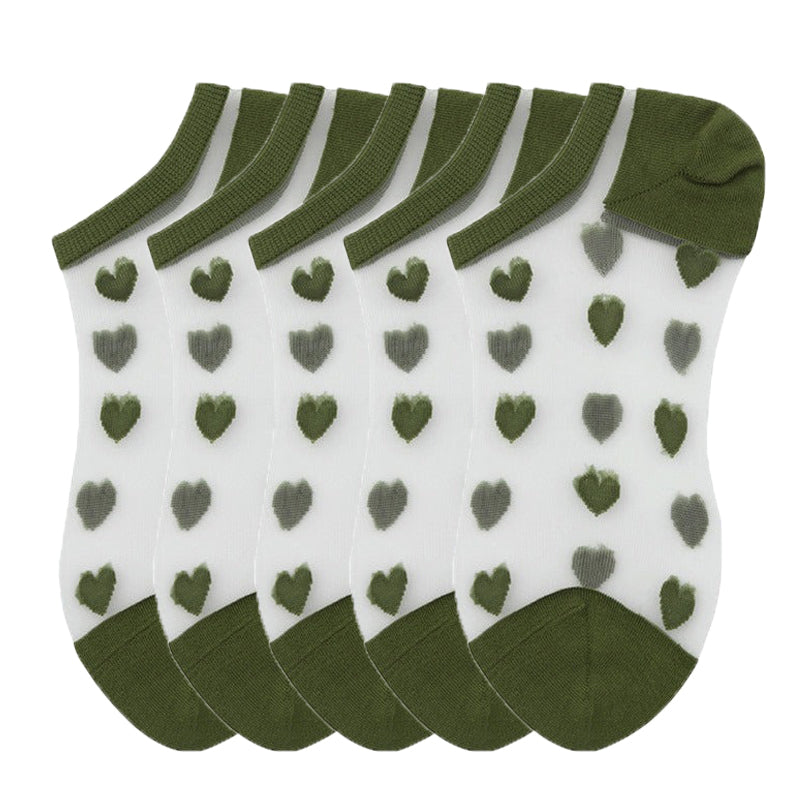 Anysox 5 Pairs Army Green Size 5-9 Heart Tull Glass Silk Design With Transparent Thin Mesh Color Full Nylon Knee Sock ComFortable To Wear For Ladies-Socks-PEROZ Accessories