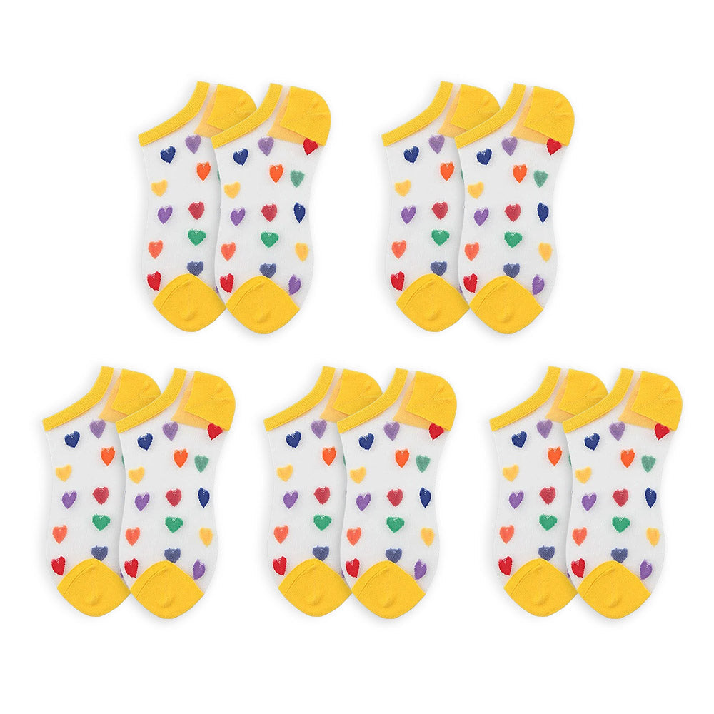 Anysox 5 Pairs Yellow Size 5-9 Heart Tull Glass Silk With Transparent Thin Mesh Color Full Nylon Knee Socks ComFortable To Wear For Ladies-Socks-PEROZ Accessories