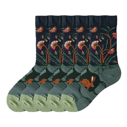 Anysox 5 Pairs Size 5-9 Fashion Long Sock Cartoon Personalized Creative Nature Rabbit and Flower Print For Men Woman Foot Cold Winter Warm Comfortable-Socks-PEROZ Accessories