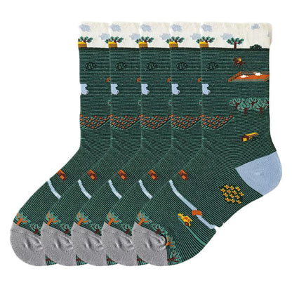 Anysox 5 Pairs Size 5-9 Fashion Long Sock Cartoon Personalized Creative Nature Farm Print For Men Woman Foot Cold Winter Warm Comfortable Accessories-Socks-PEROZ Accessories