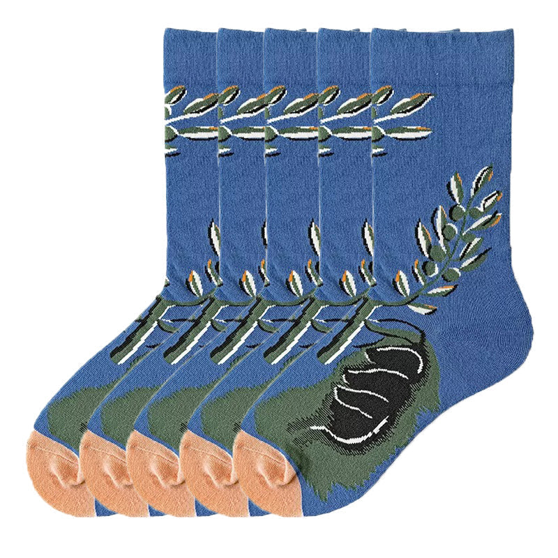 Anysox 5 Pairs Size 5-9 Fashion Long Sock Cartoon Personalized Creative Nature Leaf Print For Men Woman Foot Cold Winter Warm Comfortable Accessories-Socks-PEROZ Accessories