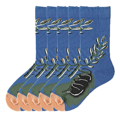 Anysox 5 Pairs Size 5-9 Fashion Long Sock Cartoon Personalized Creative Nature Leaf Print For Men Woman Foot Cold Winter Warm Comfortable Accessories-Socks-PEROZ Accessories