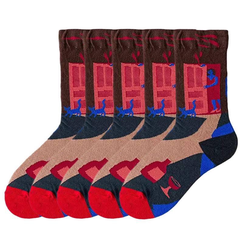 Anysox 5 Pairs Size 5-9 Fashion Long Sock Cartoon Personalized Creative Nature Blue Human Abstract Art For Men Woman Foot Cold Winter Warm Comfortable-Socks-PEROZ Accessories