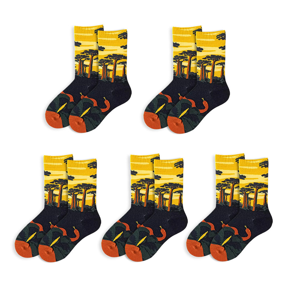 Anysox 5 Pairs Size 5-9 Fashion Long Sock Cartoon Personalized Nature Yellow Forest Painting For Men Woman Winter Warm Comfortable Accessories-Socks-PEROZ Accessories