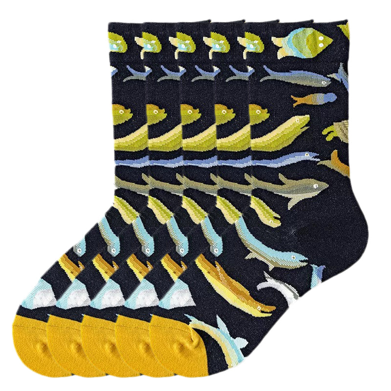 Anysox 5 Pairs Size 5-9 Fashion Long Sock Cartoon Personalized Creative Nature Fish Prints For Men Woman Foot Cold Winter Warm Comfortable Accessories-Socks-PEROZ Accessories