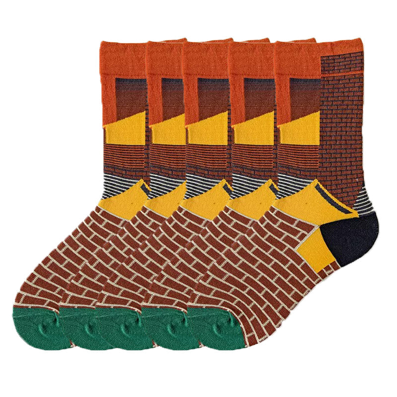 Anysox 5 Pairs Size 5-9 of Fashion Long Sock Cartoon Personalized Creative Nature City Painting For Men Woman Foot Cold Winter Warm Comfortable-Socks-PEROZ Accessories