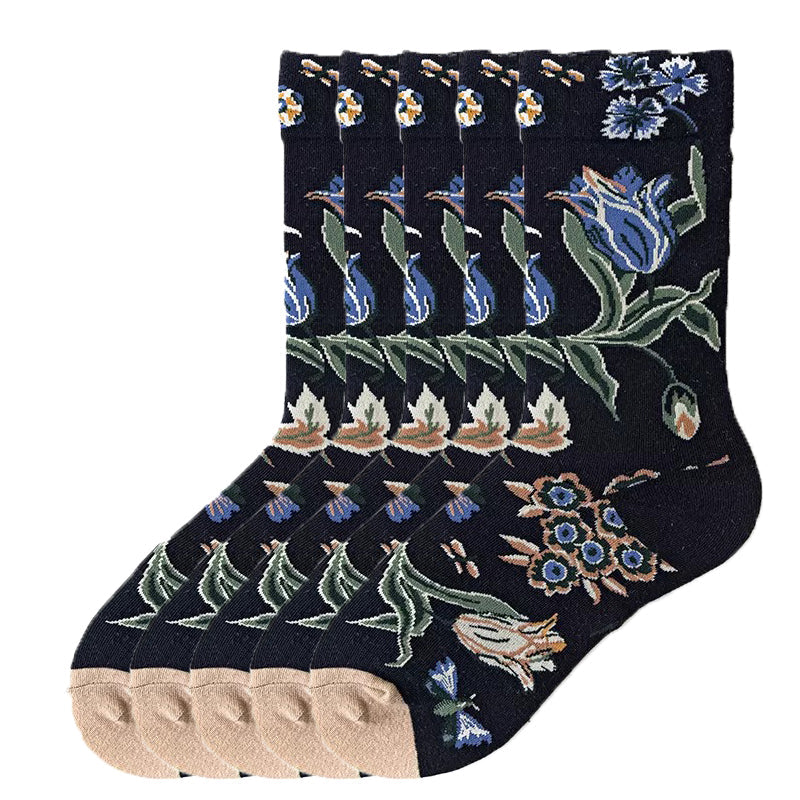 Anysox 5 Pairs Size 5-9 of Fashion Long Sock Cartoon Personalized Creative Nature Blue Flower For Men Woman Foot Cold Winter Warm Comfortable-Socks-PEROZ Accessories