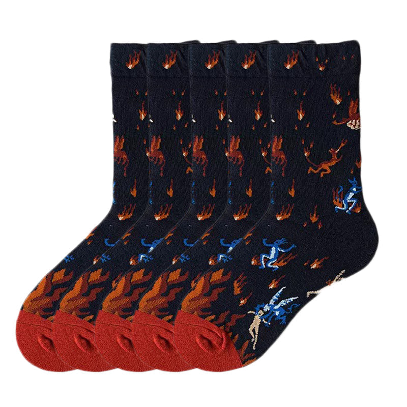 Anysox 5 Pairs Size 5-9 of Fashion Long Sock Cartoon Personalized Creative On Fire For Men Woman Foot Cold Winter Warm Comfortable Accessories-Socks-PEROZ Accessories