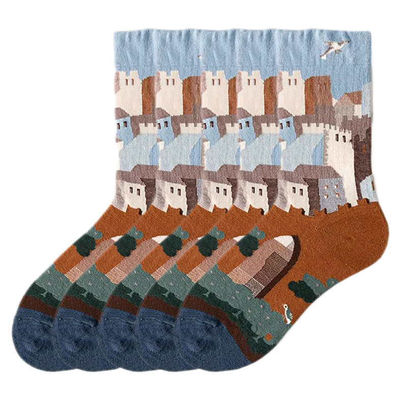 Anysox 5 Pairs Size 5-9 of Fashion Long Sock Cartoon Personalized Creative House Painting For Men Woman Foot Cold Winter Warm Comfortable Accessories-Socks-PEROZ Accessories