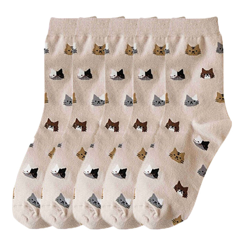 Anysox 5 Pairs Size 5-9 Fashion Socks Thick Warm Cotton Cute Cartoon Cat Animal Ankle Short Casual for Ladies Girls Christmas Gifts Beige-Socks-PEROZ Accessories
