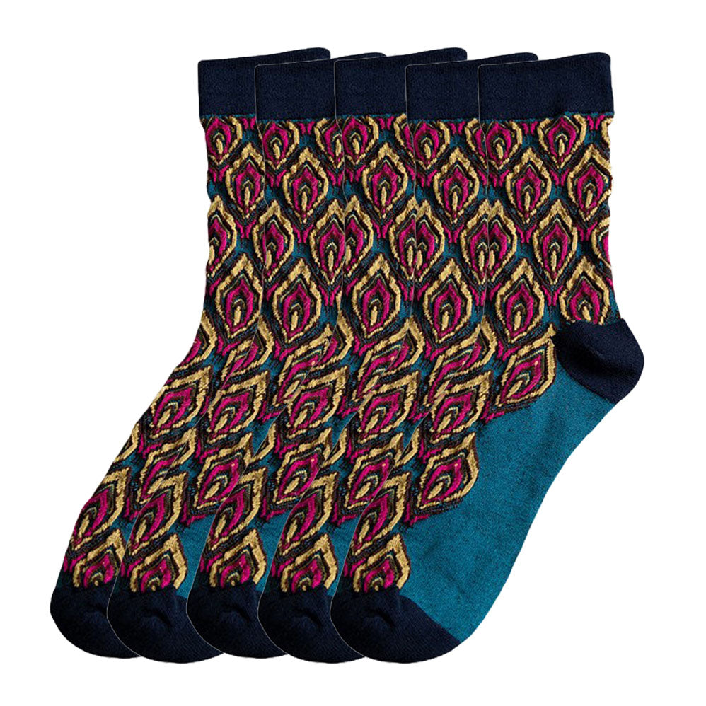 Anysox 5 Pairs Size 5-9 Blue Green Abstract Long Socks Retor Luxury Autumn Winter Peacock Feather Pattern Style With Soken Chaussette Femme-Socks-PEROZ Accessories