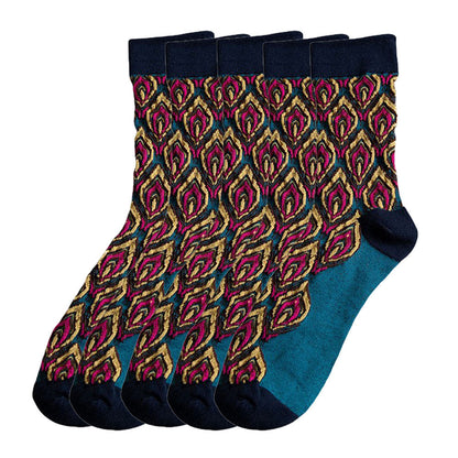 Anysox 5 Pairs Size 5-9 Blue Green Abstract Long Socks Retor Luxury Autumn Winter Peacock Feather Pattern Style With Soken Chaussette Femme-Socks-PEROZ Accessories