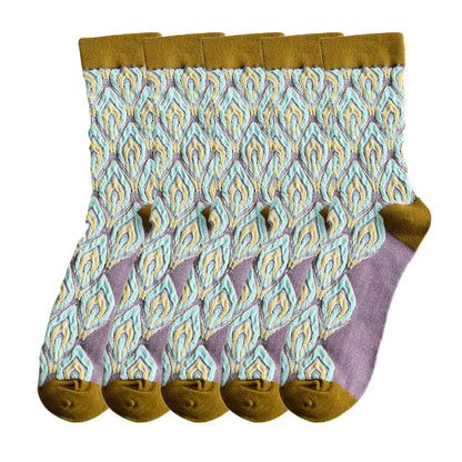 Anysox 5 Pairs Size 5-9 Green Violet Abstract Long Socks Luxury Autumn Winter Peacock Feather Pattern Style With Soken Chaussette Femme-Socks-PEROZ Accessories