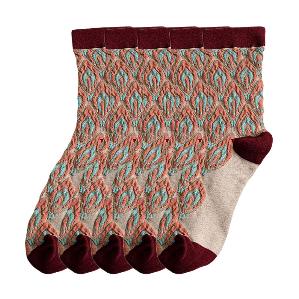 Anysox 5 Pairs Size 5-9 Coffee Brown Abstract Socks Retor Luxury Autumn Winter Peacock Feather Pattern Style With Soken Chaussette Femme-Socks-PEROZ Accessories