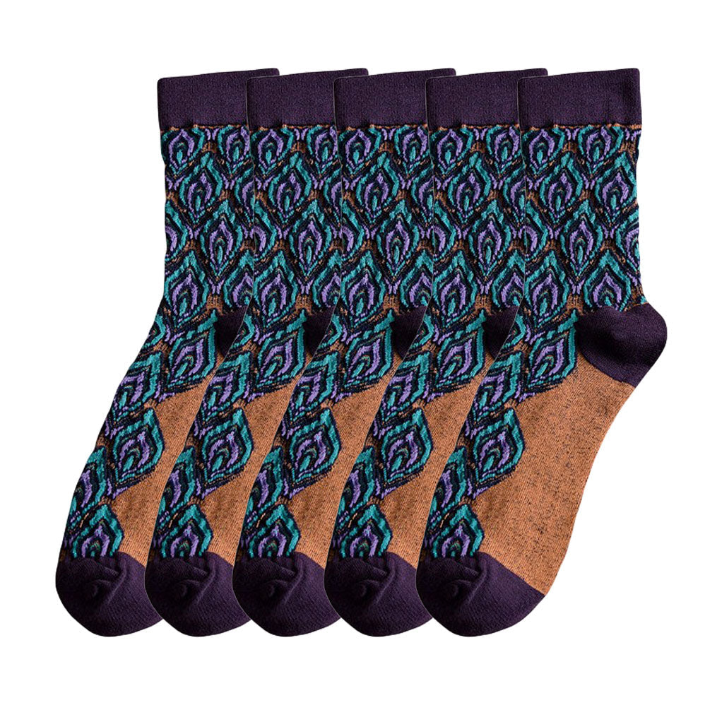 Anysox 5 Pairs Size 5-9 Blue Brown Abstract Long Socks Retor Luxury Autumn Winter Peacock Feather Pattern Style With Soken Chaussette Femme-Socks-PEROZ Accessories