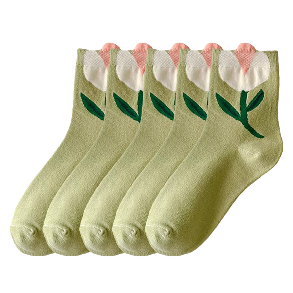 Anysox 5 Pairs One Size 5-8 Green Tulips Style Cartoon Flower With Candy Color Kawaii Mid Tube Breathable Casual Short Socks For Women-Socks-PEROZ Accessories