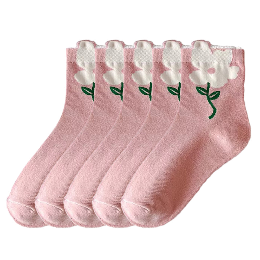 Anysox 5 Pairs One Size 5-8 Pink Magnolia Style Cartoon Flower With Candy Color Kawaii Mid Tube Breathable Casual Short Socks For Women-Socks-PEROZ Accessories