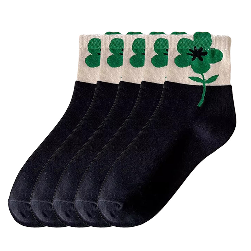 Anysox 5 Pairs One Size 5-8 Black Clover Style Cartoon Flower With Candy Color Kawaii Mid Tube Breathable Casual Short Socks For Women-Socks-PEROZ Accessories
