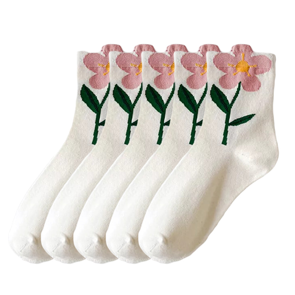 Anysox 5 Pairs One Size 5-8 White Orchid Style Cartoon Flower With Candy Color Kawaii Mid Tube Breathable Casual Short Socks For Women-Socks-PEROZ Accessories