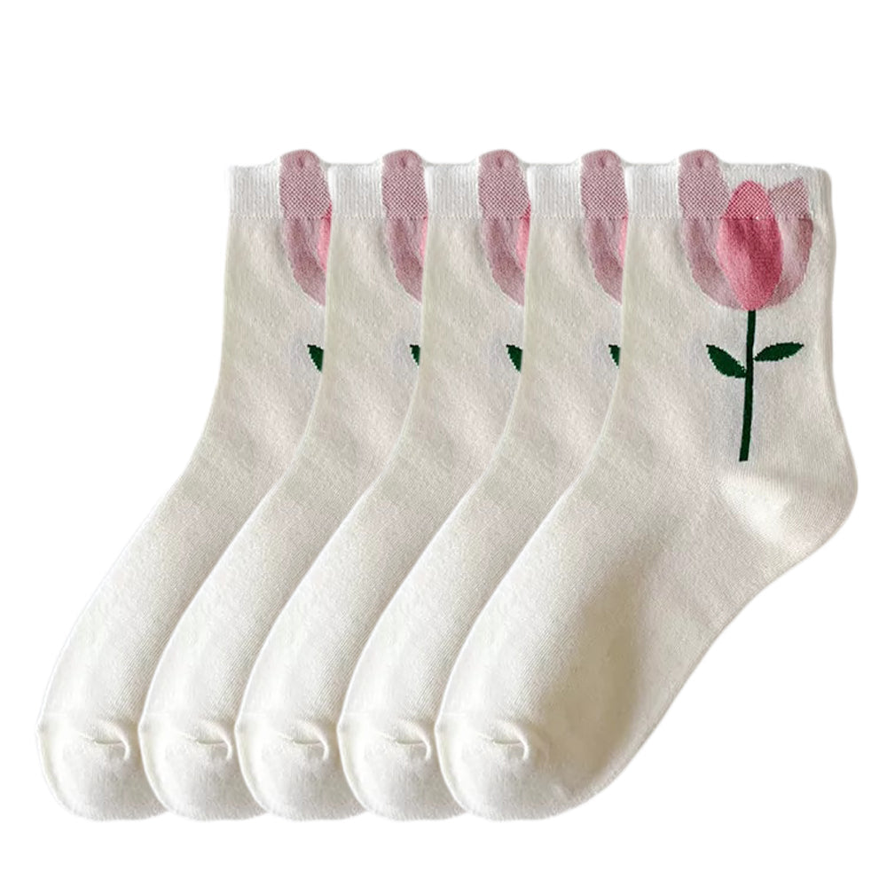 Anysox 5 Pairs One Size 5-8 White Carnation Style Cartoon Flower With Candy Color Kawaii Mid Tube Breathable Casual Short Socks For Women-Socks-PEROZ Accessories