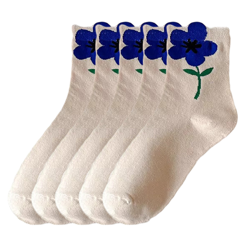 Anysox 5 Pairs One Size 5-8 White Blue Style Cartoon Flower With Candy Color Kawaii Mid Tube Breathable Casual Short Socks For Women-Socks-PEROZ Accessories