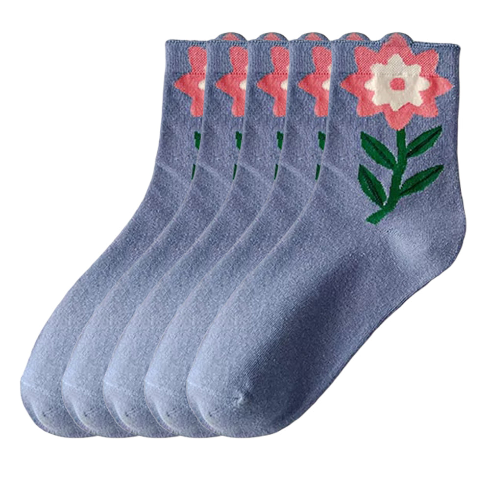 Anysox 5 Pairs One Size 5-8 Blue Lotus Style Cartoon Flower With Candy Color Kawaii Mid Tube Breathable Casual Short Socks For Women-Socks-PEROZ Accessories