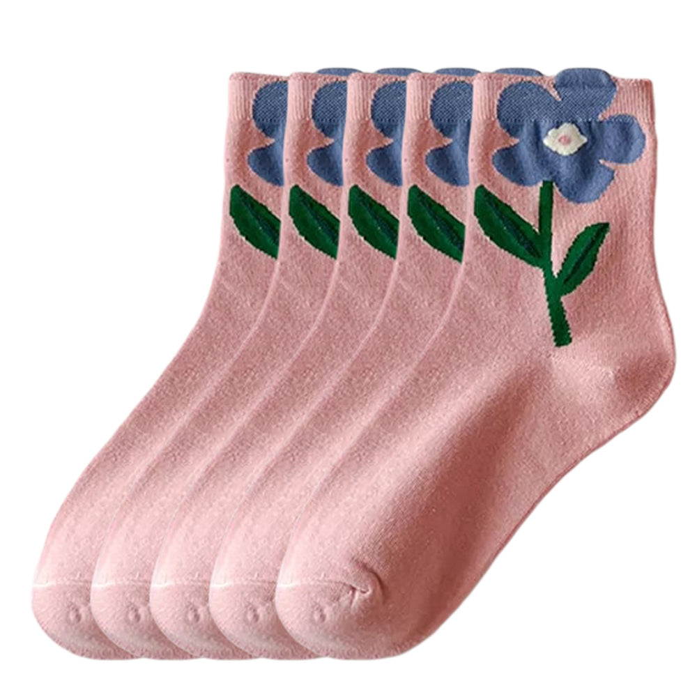Anysox 5 Pairs One Size 5-8 Pink Orchid Style Cartoon Flower With Candy Color Kawaii Mid Tube Breathable Casual Short Socks For Women-Socks-PEROZ Accessories