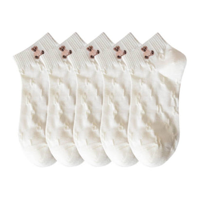 Anysox 5 Pairs One Size 35-40 Women Socks Summer Cute Cartoon Animal Bear Print White Female Casual Socks-Socks-PEROZ Accessories