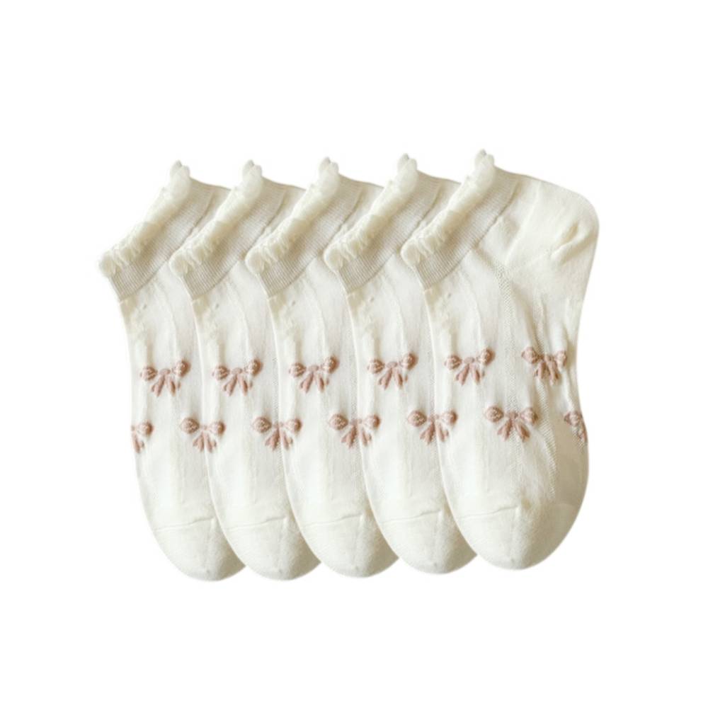 Anysox 5 Pairs One Size 35-40 Cute Summer Short Boat Invisible Chaussette Ribbon Print Cotton Ankle Breathable Women Sock-Socks-PEROZ Accessories