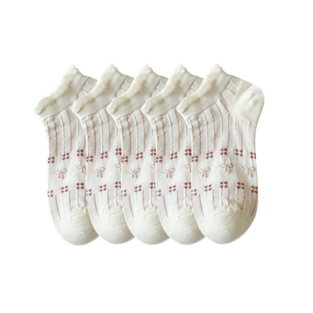 Anysox 5 Pairs One Size 35-40 Summer Short Boat Invisible Chaussette Cherry Ribbon Cotton Ankle Breathable Women Sock-Socks-PEROZ Accessories
