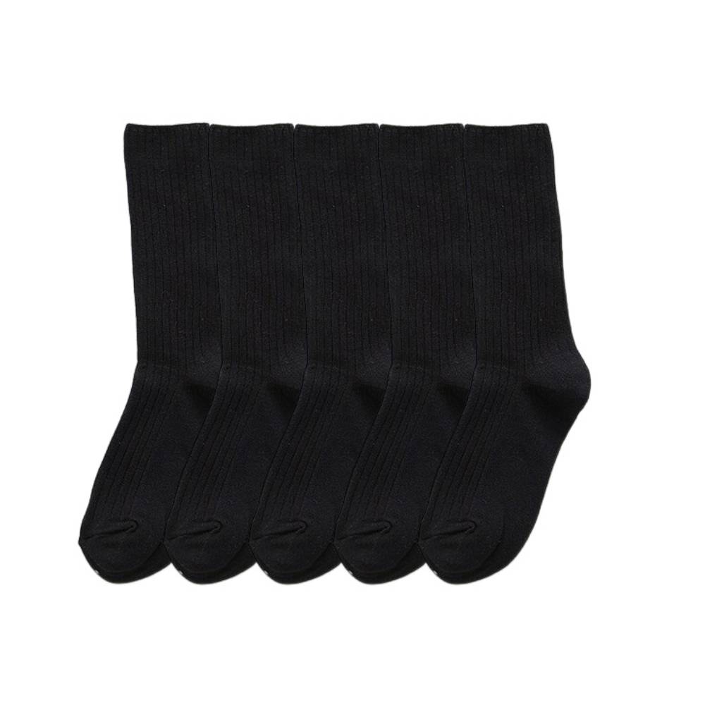 Anysox 5 Pairs One Size 36-43 Black Retro Long Knitted Socks Cotton Autumn Winter Solid Color Women Student Girls-Socks-PEROZ Accessories