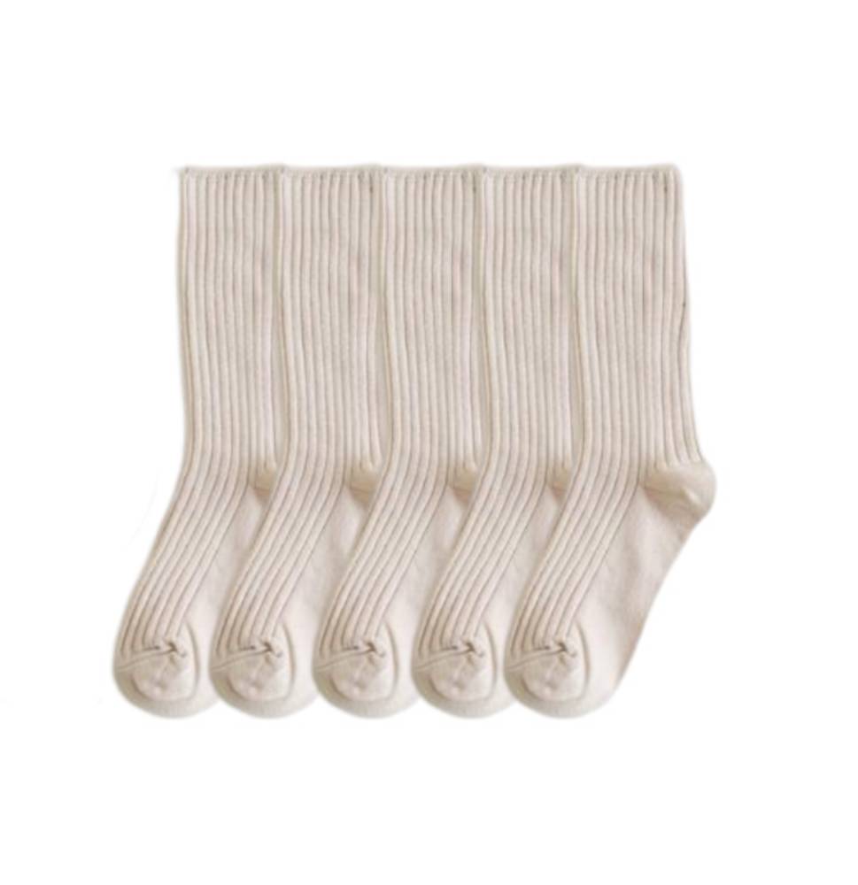 Anysox 5 Pairs One Size 36-43 Beige Retro Long Knitted Socks Cotton Autumn Winter Solid Color Women Student Girls-Socks-PEROZ Accessories