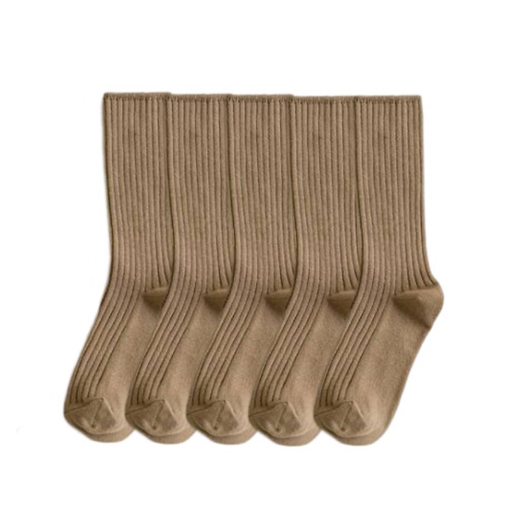 Anysox 5 Pairs One Size 36-43 Khaki Retro Long Knitted Socks Cotton Autumn Winter Solid Color Women Student Girls-Socks-PEROZ Accessories
