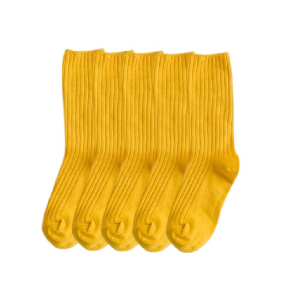 Anysox 5 Pairs One Size 36-43 Yellow Retro Long Knitted Socks Cotton Autumn Winter Solid Color Women Student Girls-Socks-PEROZ Accessories