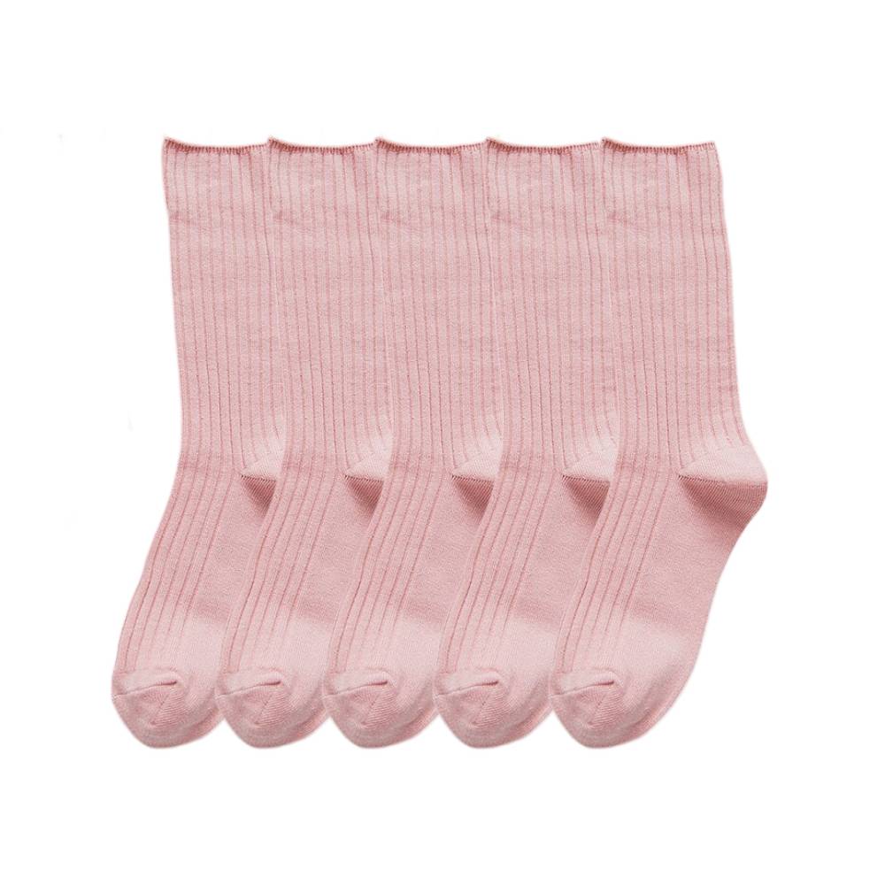 Anysox 5 Pairs One Size 36-43 Pink Retro Long Knitted Socks Cotton Autumn Winter Solid Color Women Student Girls-Socks-PEROZ Accessories