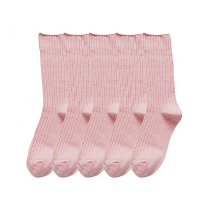 Anysox 5 Pairs One Size 36-43 Pink Retro Long Knitted Socks Cotton Autumn Winter Solid Color Women Student Girls-Socks-PEROZ Accessories
