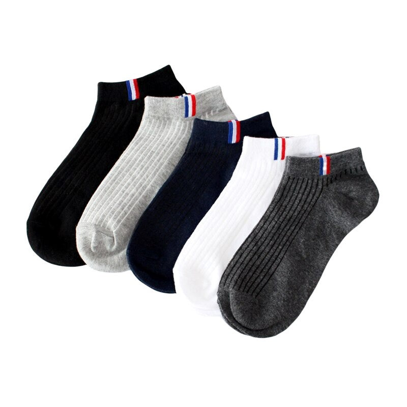 Anysox 5 Pairs One Size 5-11 Grayscale Spring Summer Unisex Navy Solid Striped Cotton Ankle Casual Socks-Socks-PEROZ Accessories