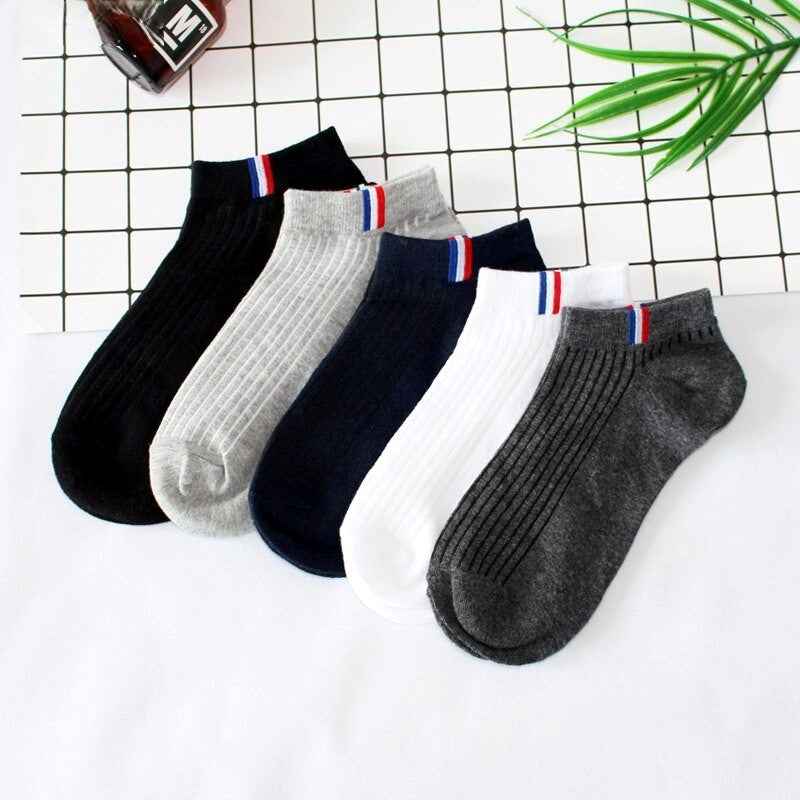 Anysox 5 Pairs One Size 5-11 Grayscale Spring Summer Unisex Navy Solid Striped Cotton Ankle Casual Socks-Socks-PEROZ Accessories