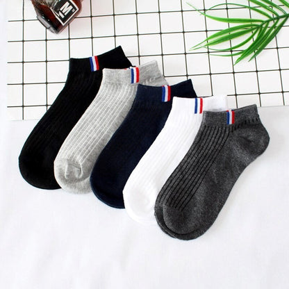 Anysox 5 Pairs One Size 5-11 Grayscale Spring Summer Unisex Navy Solid Striped Cotton Ankle Casual Socks-Socks-PEROZ Accessories