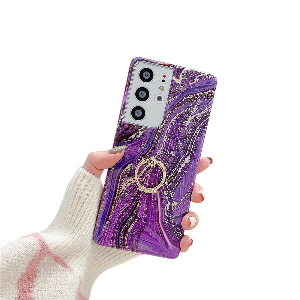 Anymob Samsung Violet Silicon Case Glitter Marble Finger Ring Bracket Holder Phone Cover-Mobile Phone Cases-PEROZ Accessories