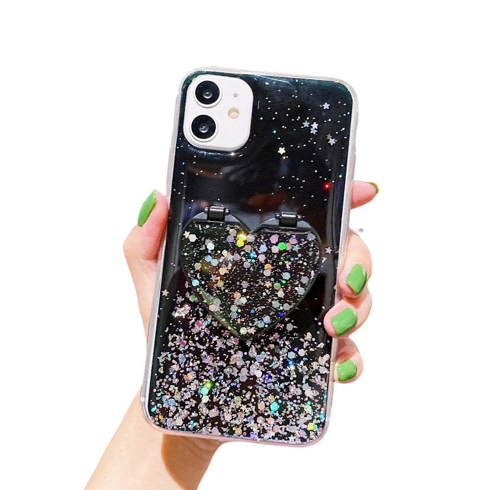 Anymob iPhone Black Sequins Glitter Case Love Heart Mirror Holder Stand Cover-Mobile Phone Cases-PEROZ Accessories