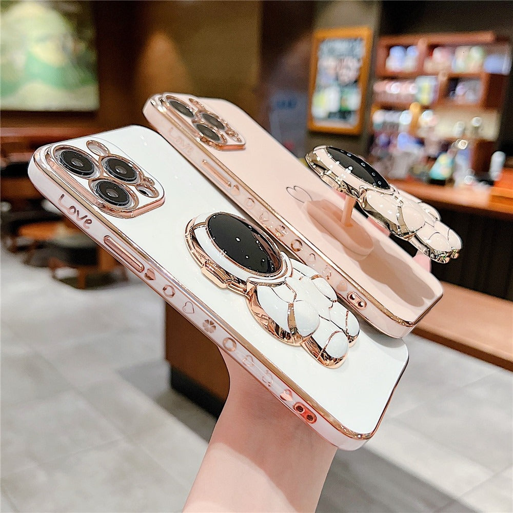 Anymob Astronaut iPhone Love Heart Holder White Protection Electroplated Phone Case Soft Silicone Shockproof Stand Back Cover Compatible-Mobile Phone Cases-PEROZ Accessories