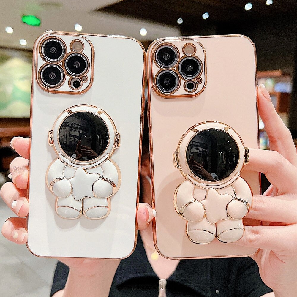 Anymob Astronaut iPhone Love Heart Holder White Protection Electroplated Phone Case Soft Silicone Shockproof Stand Back Cover Compatible-Mobile Phone Cases-PEROZ Accessories