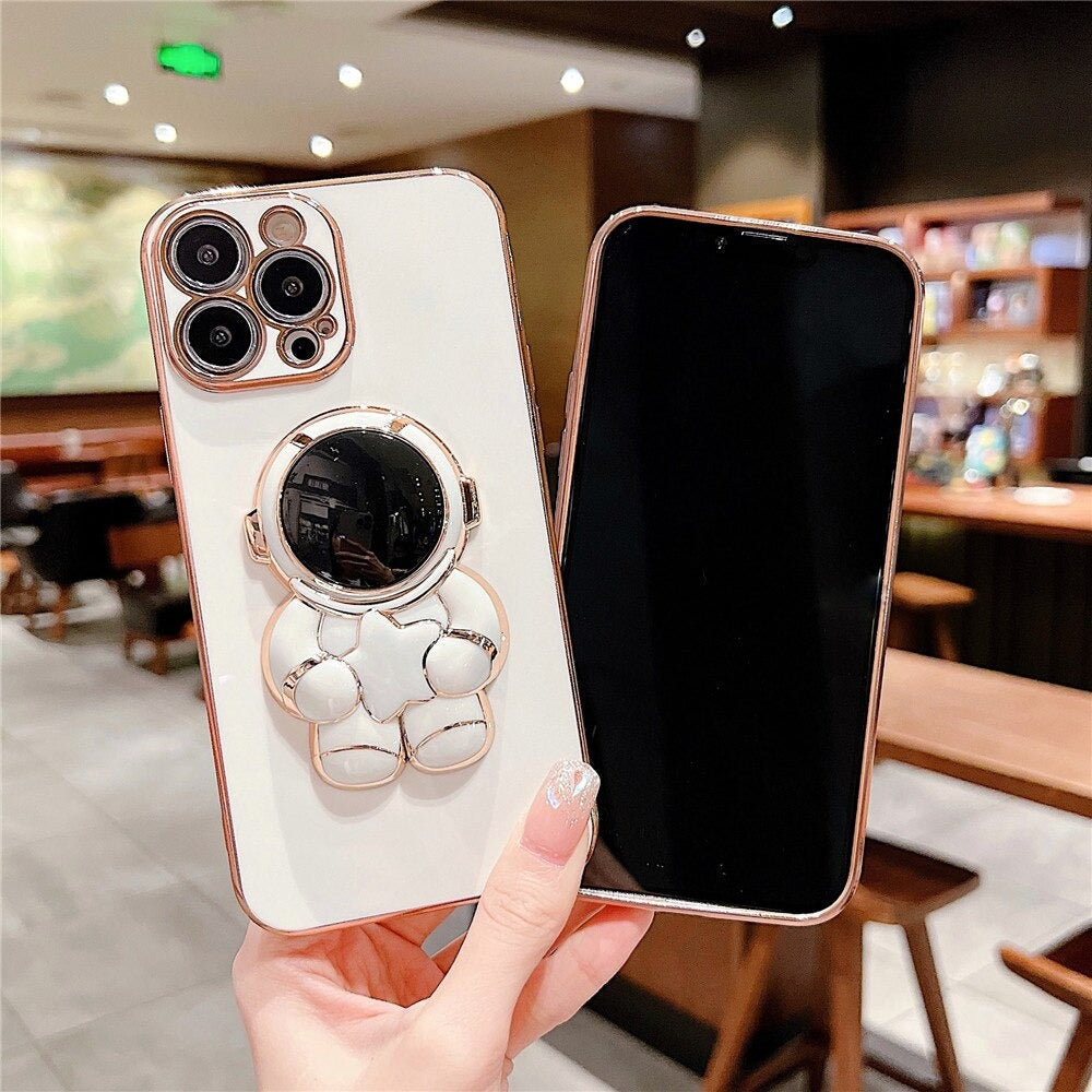 Anymob Astronaut iPhone Love Heart Holder White Protection Electroplated Phone Case Soft Silicone Shockproof Stand Back Cover Compatible-Mobile Phone Cases-PEROZ Accessories