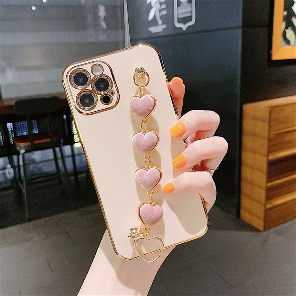 Anymob iPhone Case Light Pink Soft Plating Cover Love Heart Plush Bracelet-Mobile Phone Cases-PEROZ Accessories