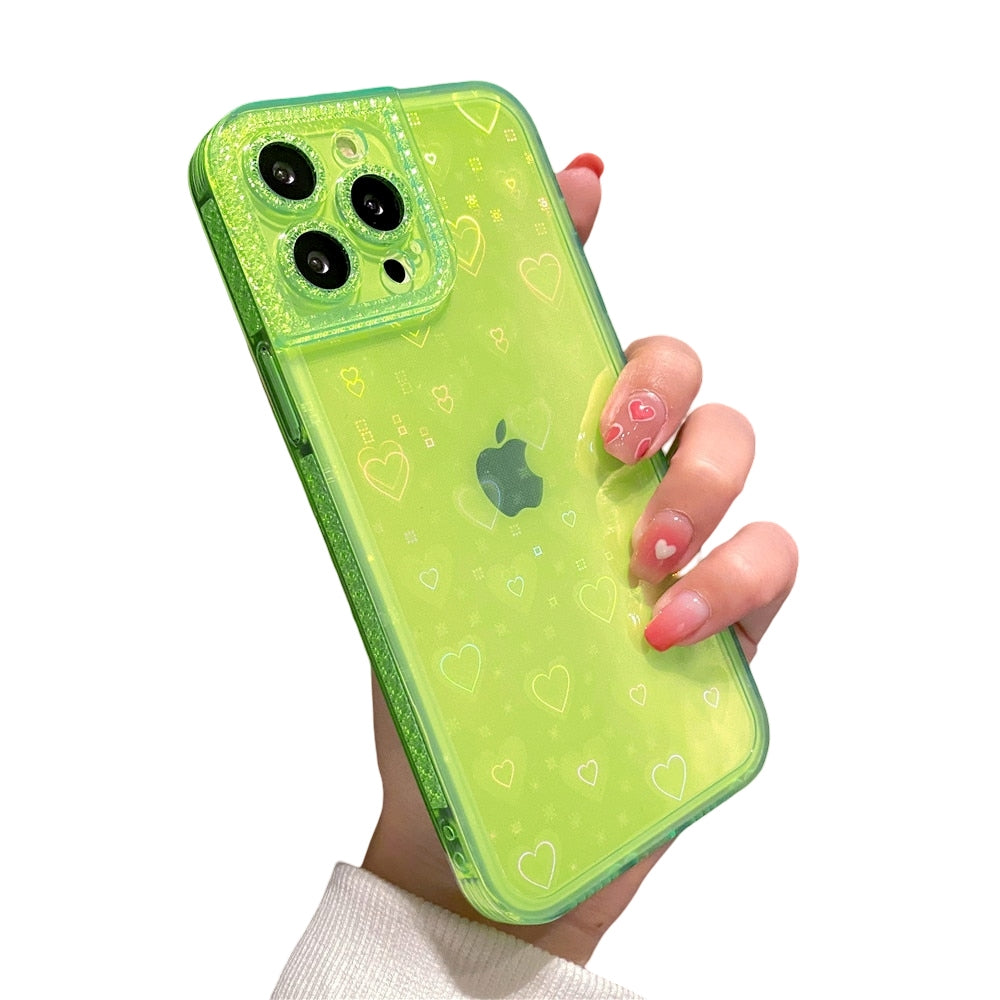 Anymob iPhone Neon Green Holographic Love Heart Clear Phone Case Transparent Cover-Mobile Phone Cases-PEROZ Accessories