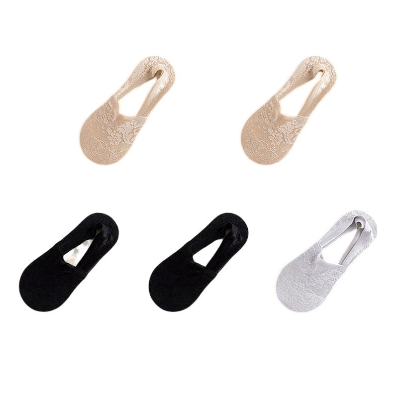 Anysox 5 Pairs Size 5-9 Fashion Socks Lace Flower Style Breathable Antiskid Invisible Ankle Socks for Women (2 Khaki, 2 Black, 1 Gray)-Socks-PEROZ Accessories