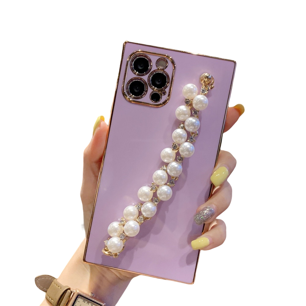 Anymob iPhone Case Purple Pearl Diamond Bracelet Square Plating Soft Chain Back Cover-Mobile Phone Cases-PEROZ Accessories