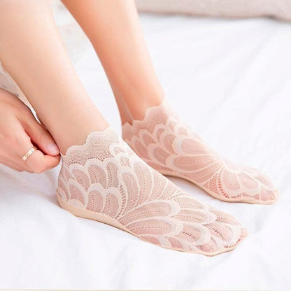 Anysox 5 Pairs One Size 4-5 Off White Fashion Summer Socks With Style Lace Peacock Flower Short Ankle Socks For Women-Socks-PEROZ Accessories