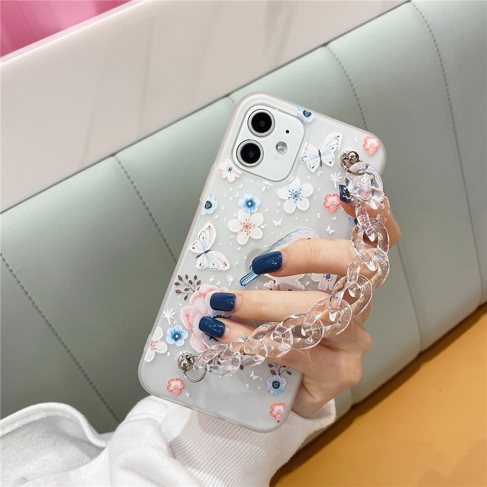 Anymob iPhone Case Transparent White Flower Wrist Chain Bracelet Silicone Flower Phone Cover-Mobile Phone Cases-PEROZ Accessories